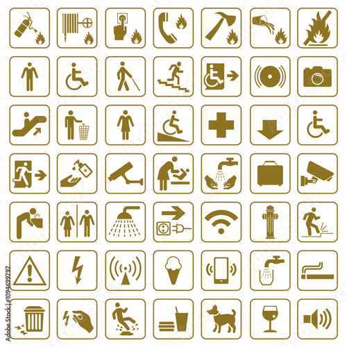 A set of basic signs used in public places. Signs for public places. Bright yellow marks.