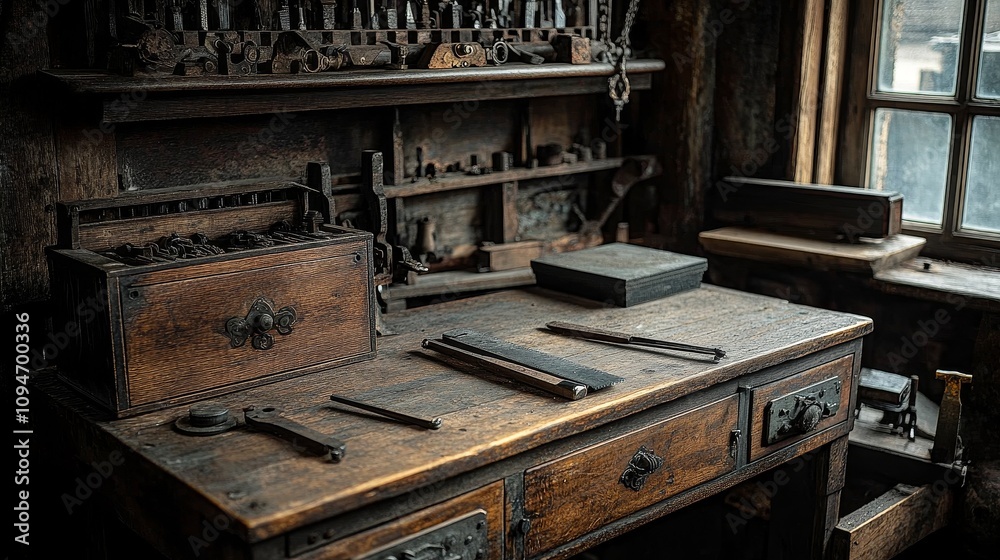 A Well-Worn Workbench with Tools and a Window Behind A Well-Worn Workbench with Tools and a Window Behind