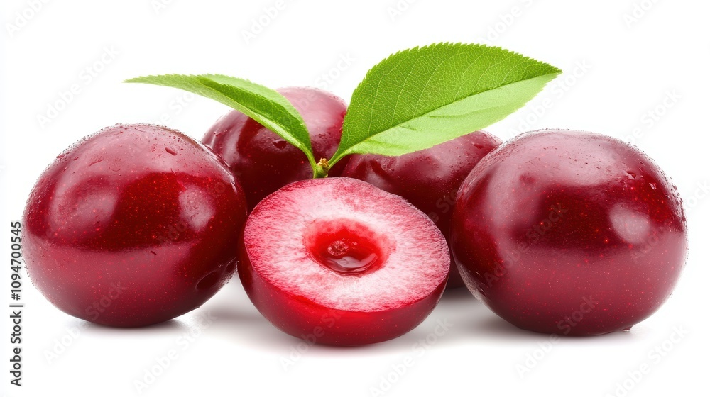Fresh red plums with green leaves, one halved, isolated on white. Fresh red plums with green leaves, one halved, isolated on white.