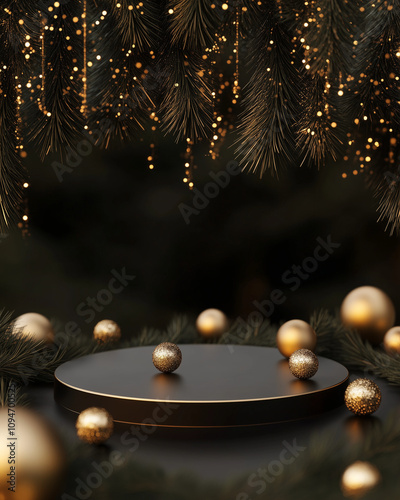 A black circular podium surrounded by pine branches and golden Christmas ornaments, with a dark background. New Year's Eve party invitation. Christmas mockup