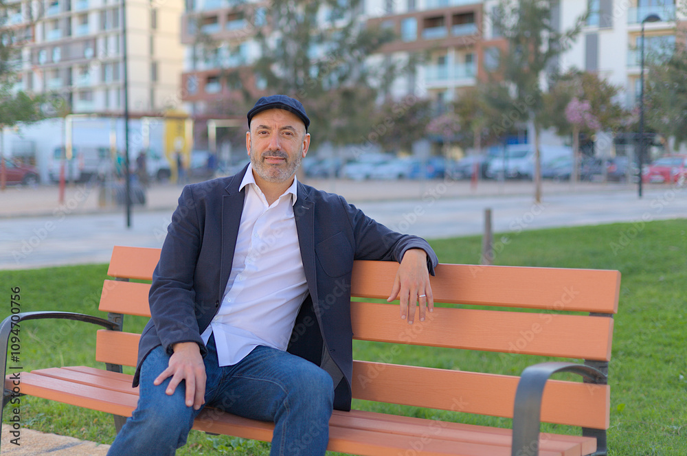 Obraz premium Man sitting on a bench in the park calm and smiling