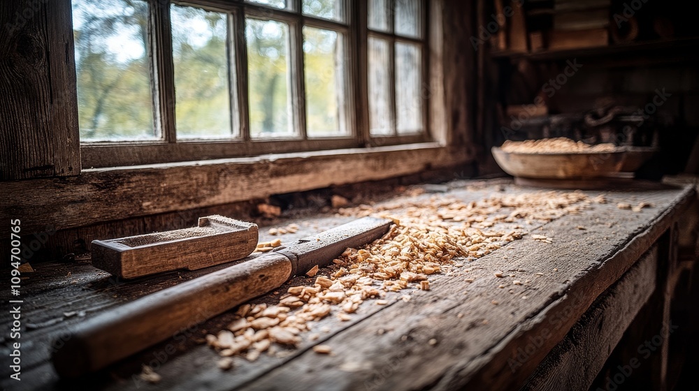 A Woodworking Bench with Tools and Wood Shavings by a Window A Woodworking Bench with Tools and Wood Shavings by a Window