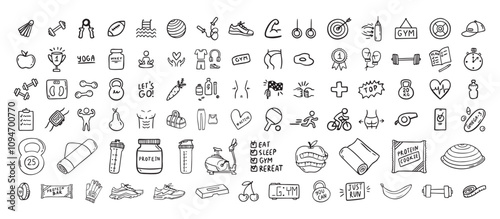 Fitness, sport and health icons doodle hand drawn set. Healthy lifestyle isolated symbols
