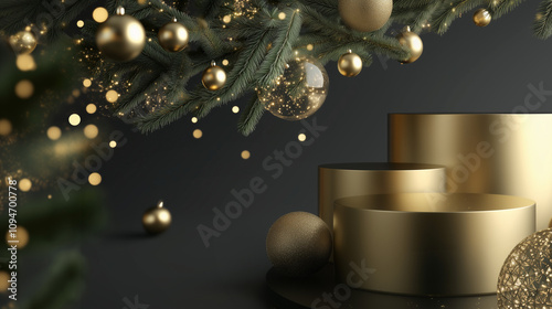 3 golden podiums set against a background of Christmas tree branches and gold ornaments, on a black background. Christmas luxury scene for showcasing high-end products. Gold and black