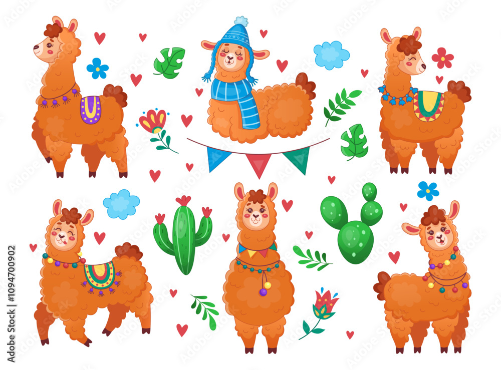 Naklejka premium Alpaca set, funny llama. Farm animal in Peru. Cute baby icon. Mexican cartoon flat style isolated illustration. Fabric drawing characters for children. Set of fun pets with cactus. Vector tidy sticker