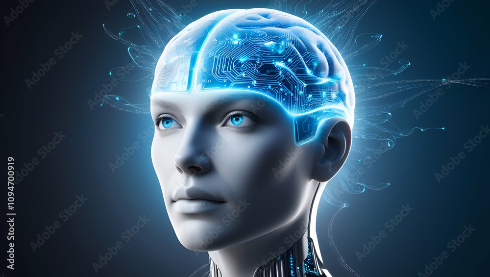 Obraz premium artificial intelligence digital brain, AIbrain simulating the human face, AI brain, digital, AI, brain, artificial robotic brain, robotic, intelligence, simulate, human, face, 