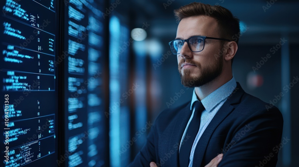 Fototapeta premium Corporate it professional presents data privacy benefits office presentation corporate setting expert viewpoint midjourney concept