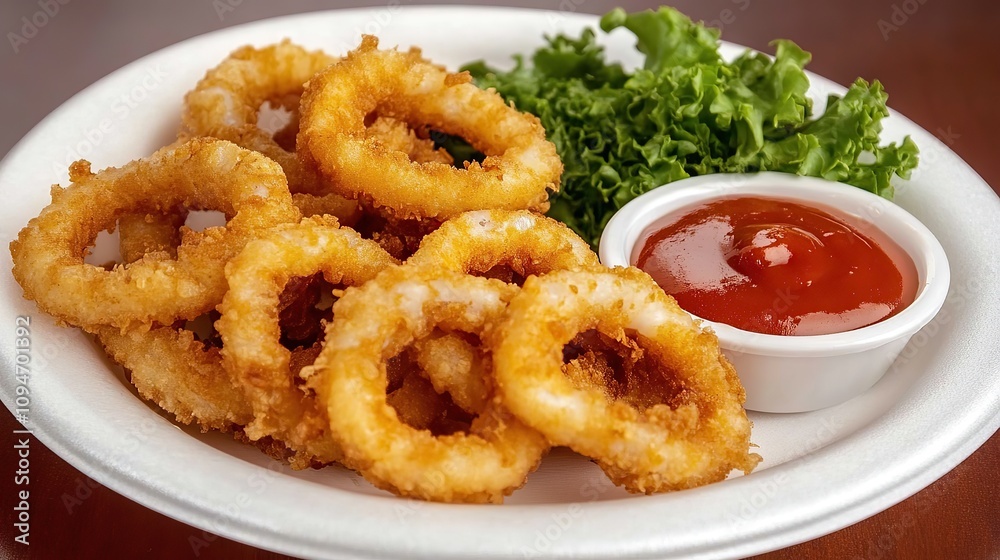 A plate of crispy fried calamari rings served with a side of lettuce and a small bowl of ketchup. A plate of crispy fried calamari rings served with a side of lettuce and a small bowl of ketchup.