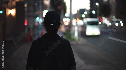 都市を歩く女性の後ろ姿スローモーション