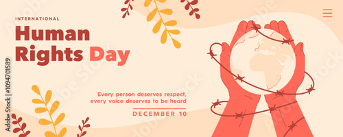 Vector banner with hand holding globe wrapped with barbed wire. Illustration for Human Rights Day on December 10. Vector illustration about liberation from oppression