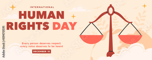 Vector banner for Human Rights Day with scales of justice representing fairness, balance and impartiality. Illustration for Human Rights Day December 10. Scales