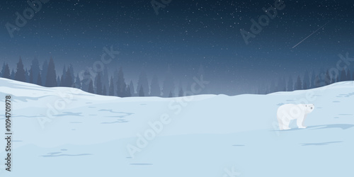 Winter landscape at night with lonely Polar bear covered by white snow have silhouette pine forest and starry sky background graphic illustration.