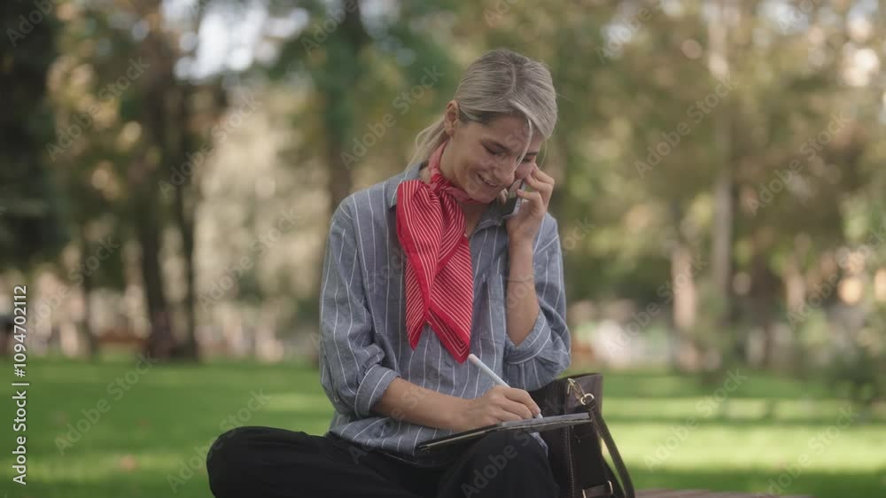 A blonde businesswoman smiles while talking on her phone and taking notes in a park. She projects confidence, organization, and efficiency. A blonde businesswoman smiles while talking on her phone and taking notes in a park. She projects confidence, organization, and efficiency.