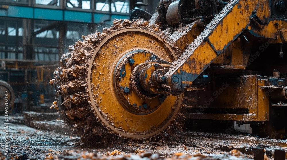 Close-up of a yellow tracked vehicle's drive wheel with a metal track Close-up of a yellow tracked vehicle's drive wheel with a metal track