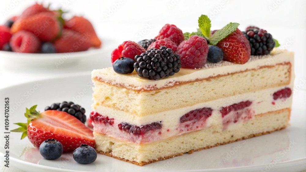 A layered sponge cake with creamy filling, topped with fresh strawberries, blueberries, raspberries, and blackberries. A perfect gourmet dessert styled on a white plate for food photography themes.
