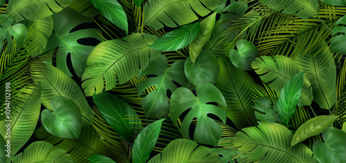 3D leaves background. Exotic forest, jungle pattern. Banana leaf, Monstera and palm trees. Summer spa plant texture is seamless, green color. Realistic isolated elements. Vector wallpaper design