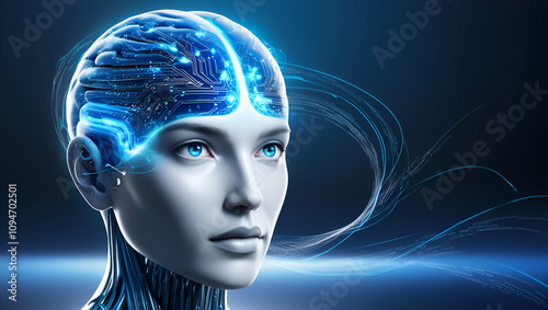 artificial intelligence digital brain, AIbrain simulating the human face, AI brain, digital, AI, brain, artificial robotic brain, robotic, intelligence, simulate, human, face,  photo