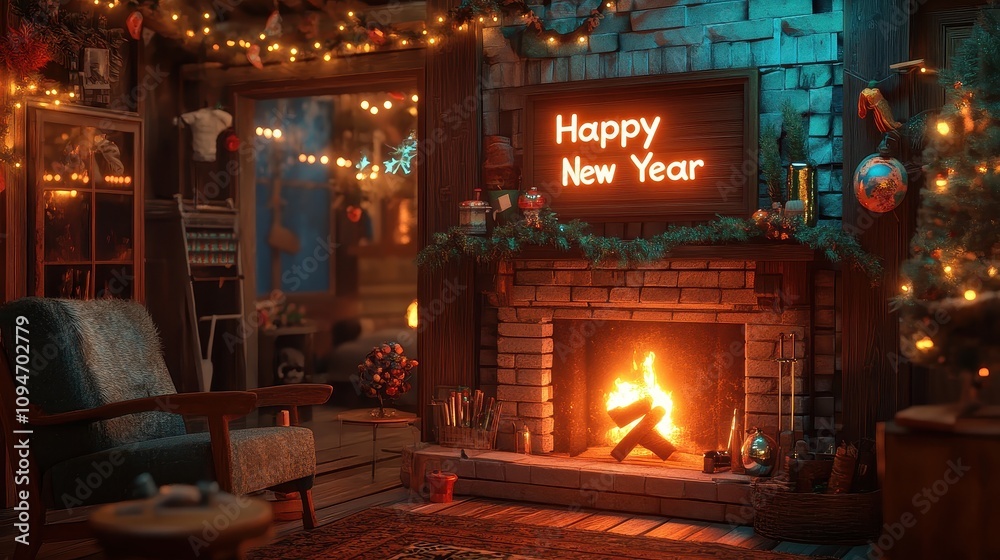 A cozy living room with a fireplace and a sign that says Happy New Year A cozy living room with a fireplace and a sign that says Happy New Year