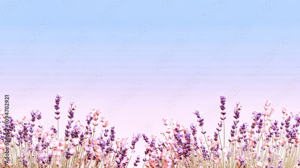 Naklejka premium Expansive lavender field stretches under a vibrant blue sky during a sunny day in late spring