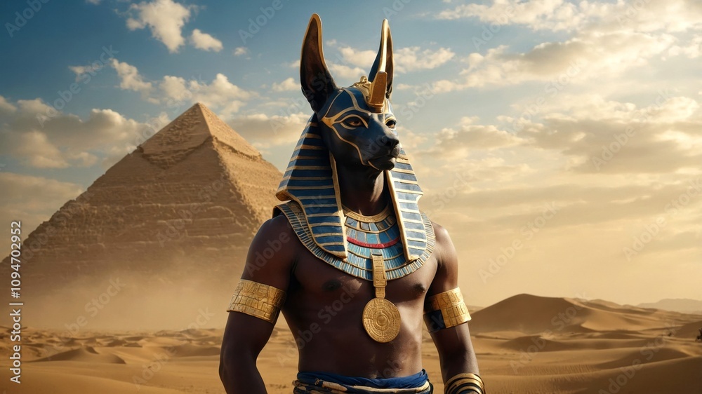 Naklejka premium A man in a Anubis costume stands before a pyramid in the desert