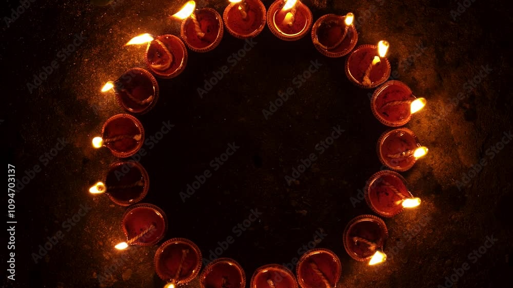 Organic diya lamps made from clay filled with oil and lit to celebrate the hindu festival