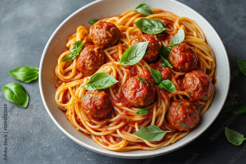 Authentic Italian Spaghetti and Meatballs in Rich Tomato Sauce Garnished with Fresh Basil Leaves Authentic Italian Spaghetti and Meatballs in Rich Tomato Sauce Garnished with Fresh Basil Leaves