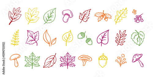 Autumn leaves outline doodle set. Botanical fall contour stickers. Vector leaf clipart drawings 