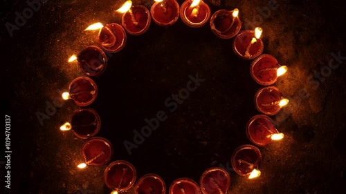 Organic diya lamps made from clay filled with oil and lit to celebrate the hindu festival