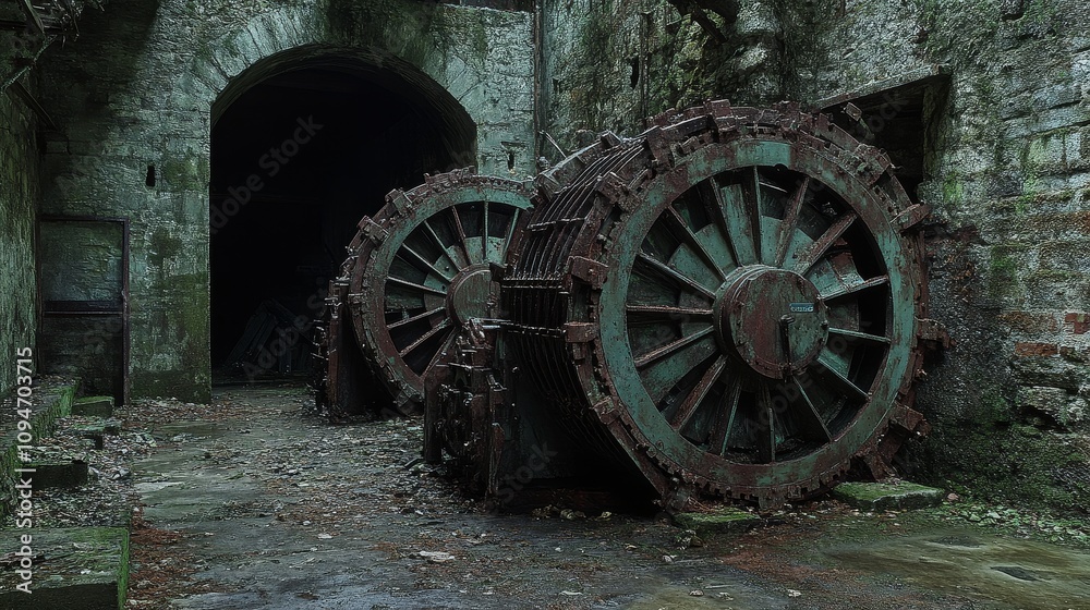 Obraz premium Abandoned Industrial Machinery in a Stone Structure