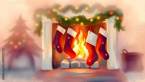 Cozy fireplace with Christmas stockings. photo