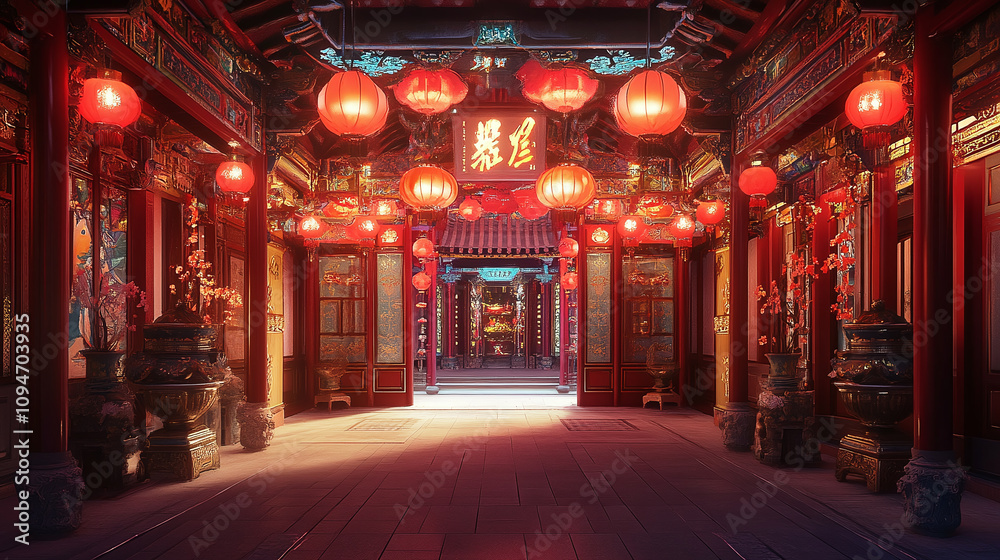Vibrant Chinese New Year celebration featuring red lanterns and intricate architectural details in a traditional festive setting.