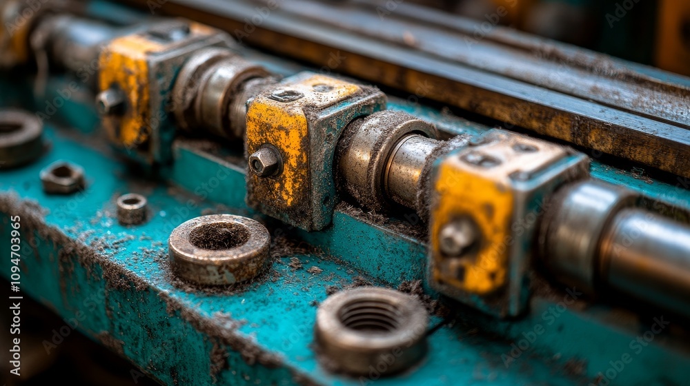 Close-up of Industrial Machine Components with Bearings and Nuts Close-up of Industrial Machine Components with Bearings and Nuts
