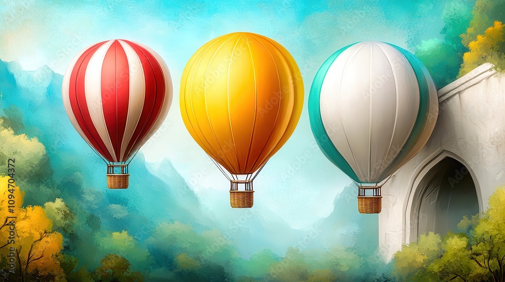 Fototapeta premium Colorful hot air balloons soaring above vibrant autumn trees in a serene landscape at sunset