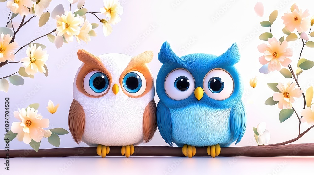 Fototapeta premium Cute, colorful owls surrounded by delicate flowers create a whimsical atmosphere of joy and playfulness in a serene setting