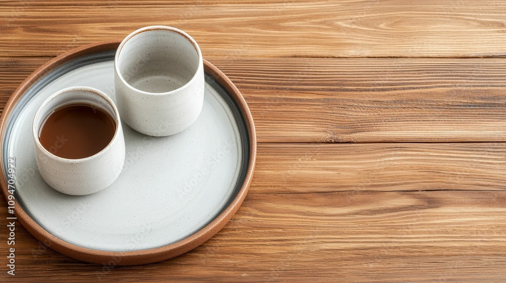 Handmade Ceramics concept. Two ceramic cups on a circular plate, set on a wooden surface, evoking a warm and inviting atmosphere perfect for tea or coffee. Handmade Ceramics concept. Two ceramic cups on a circular plate, set on a wooden surface, evoking a warm and inviting atmosphere perfect for tea or coffee.