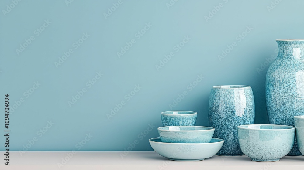 Handmade Ceramics concept. A collection of elegant blue pottery, including vases and bowls, arranged against a soft blue wall, showcasing its artistic design and texture. Handmade Ceramics concept. A collection of elegant blue pottery, including vases and bowls, arranged against a soft blue wall, showcasing its artistic design and texture.
