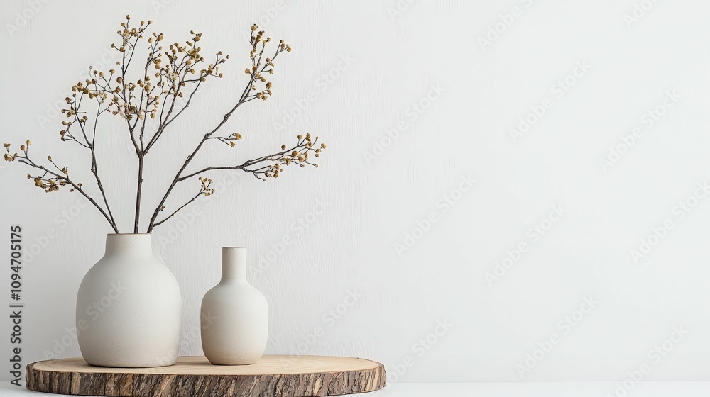 Handmade Ceramics concept. A minimalist arrangement featuring two ceramic vases with delicate branches, set on a wooden slice against a neutral wall. Handmade Ceramics concept. A minimalist arrangement featuring two ceramic vases with delicate branches, set on a wooden slice against a neutral wall.