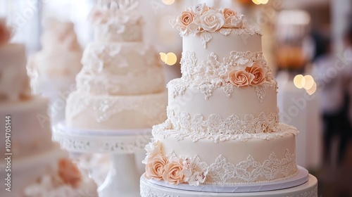 Elegant wedding cake with multiple tiers and intricate decorations displayed on a white cake stand. photo