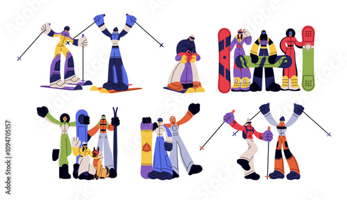Winter sport. Rider ski, board and snowboard. Happy character on mountain. People in sports clothes on snow. Active hobby during holidays. Extreme activity. Vector cartoon flat isolated illustration