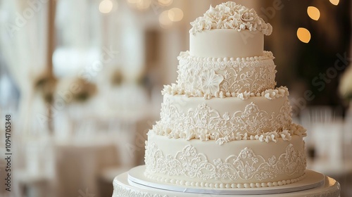 Elegant wedding cake with multiple tiers and intricate decorations displayed on a white cake stand. photo