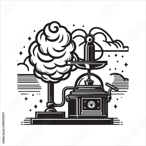 Vintage-Style Machine Creating a Cloud of Ideas. A stylized, black and white illustration of a retro-futuristic machine that produces a large cloud of what appears to be ideas or thoughts.