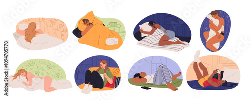 Woman in bed. Girl sleeping positions. Happy character in bedroom. Person watching laptop or phone. Night relax. Sweet dream of happiness. Reading book. Female lying under blanket. Vector concepts set