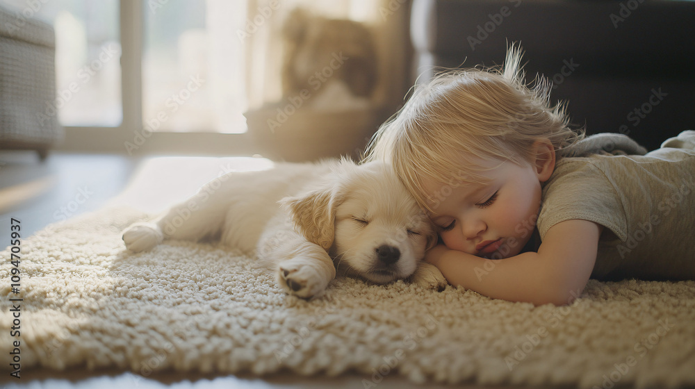 A toddler and their puppy cuddling on a soft rug in the living room. A toddler and their puppy cuddling on a soft rug in the living room.