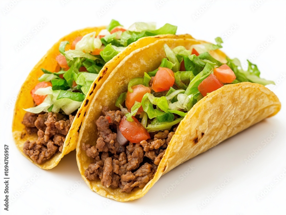 crispy taco filled with seasoned beef, shredded lettuce, diced tomatoes, and cheddar cheese isolated crispy taco filled with seasoned beef, shredded lettuce, diced tomatoes, and cheddar cheese isolated