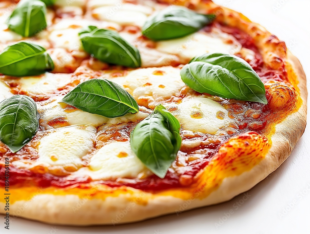 close-up of a fresh Margherita pizza with a crispy crust, melted mozzarella cheese isolated close-up of a fresh Margherita pizza with a crispy crust, melted mozzarella cheese isolated