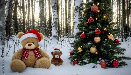 A Charming Scene of a Teddy Bear Sitting Next to an Elegant Christmas Tree in a Winter Wonderland Surrounded by Snowy Forests