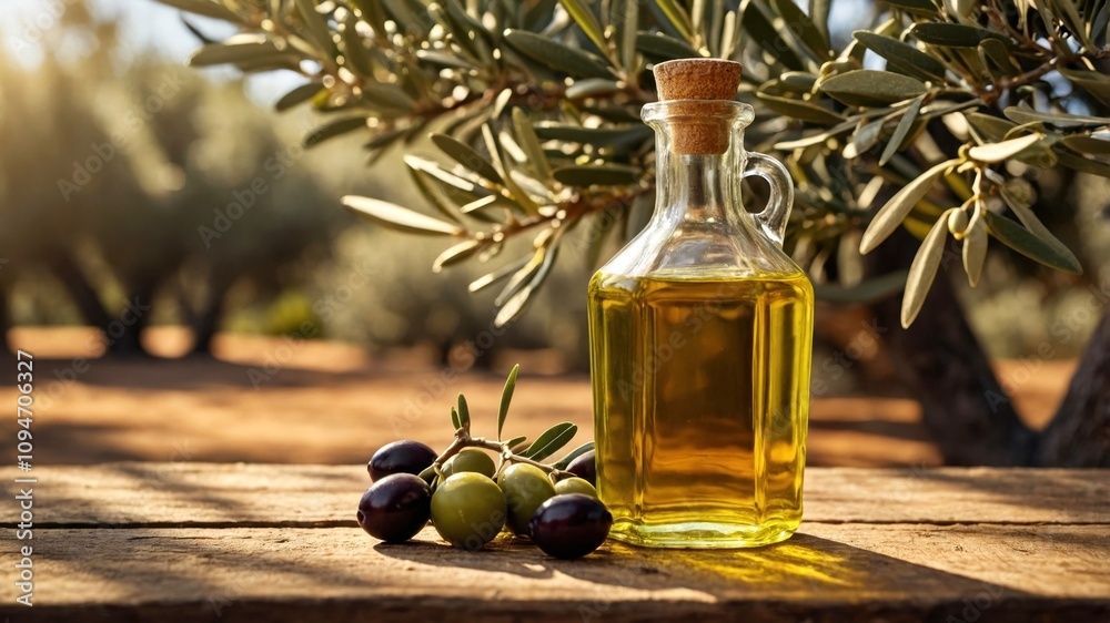 A bottle of olive oil is on a wooden table next to olives A bottle of olive oil is on a wooden table next to olives