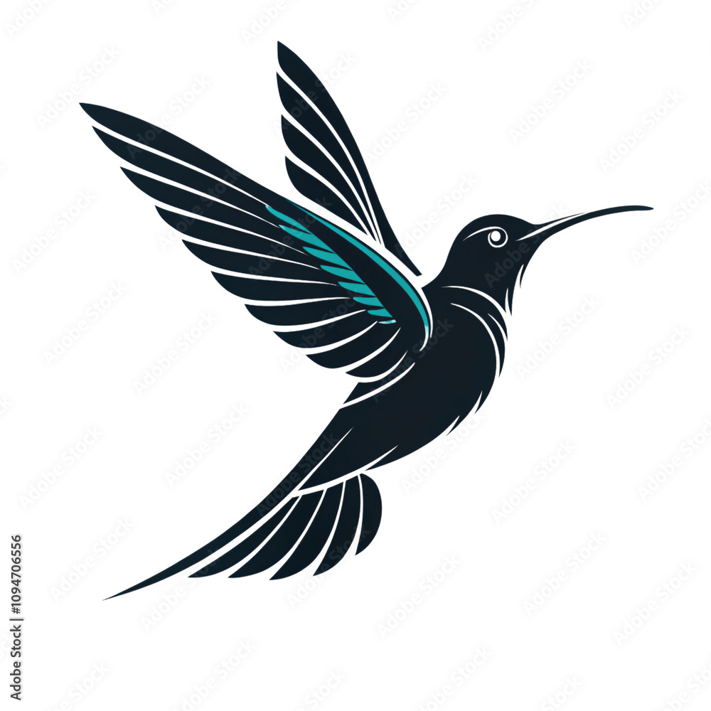 Fototapeta premium A minimalist, elegant depiction of a dark hummingbird with vivid teal accents on the wings, soaring gracefully, set against a transparent background