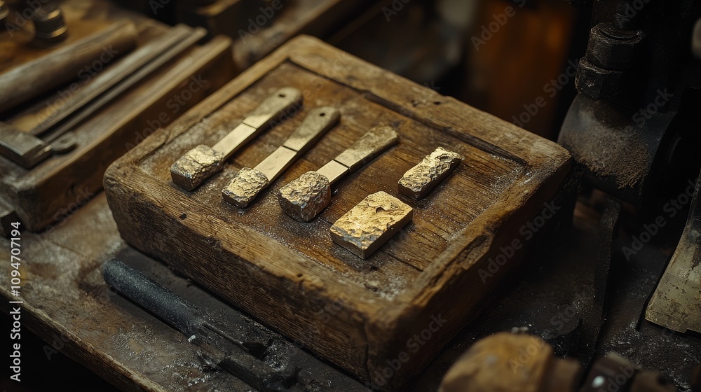 Four Metal Objects on a Wooden Workbench Four Metal Objects on a Wooden Workbench