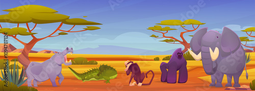 African animal. Zoo park. Safari in Africa. Funny jungle character. Wild crocodile. Gorilla and baboon. Nature cartoon landscape. Wilderness scenery. Cute wildlife. Vector savanna fauna background